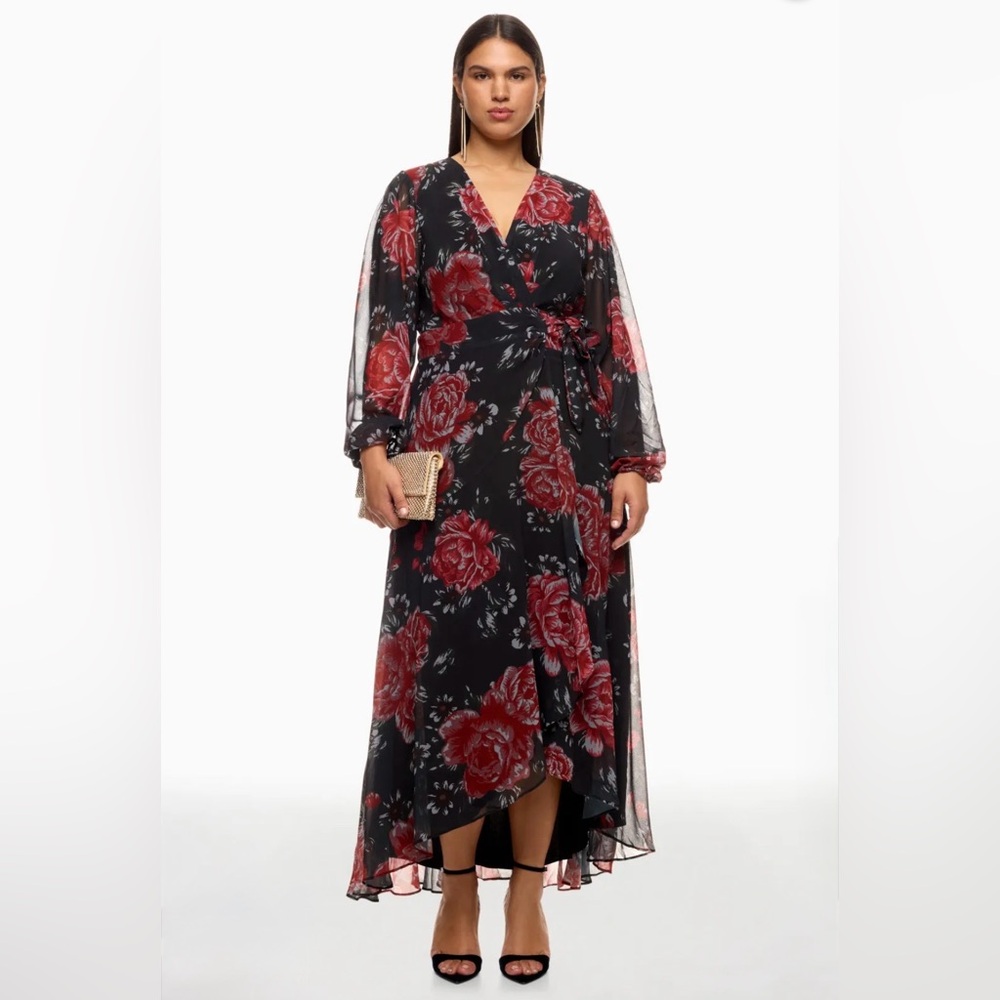 Hutch Black Wrap High-Low Dress with Red Floral Print